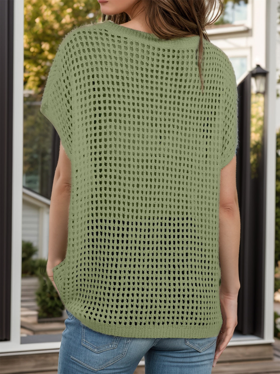 Openwork Round Neck Short Sleeve Cover-Up - felvior