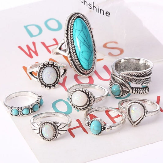 Alloy Turquoise 8-Piece Ring Set - felvior