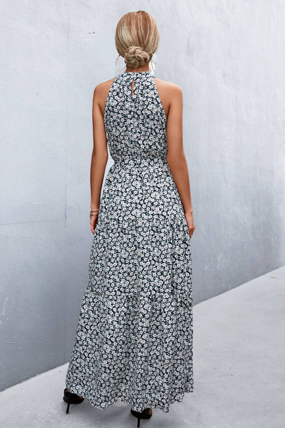 Printed Sleeveless Tie Waist Maxi Dress - felvior