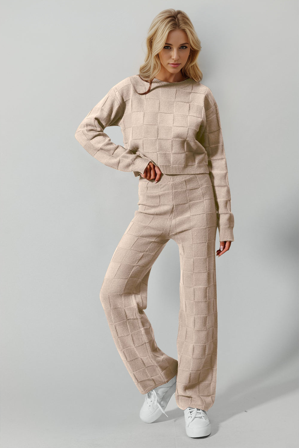 Double Take Full Size Checkered Round Neck Top and Pants Set - felvior