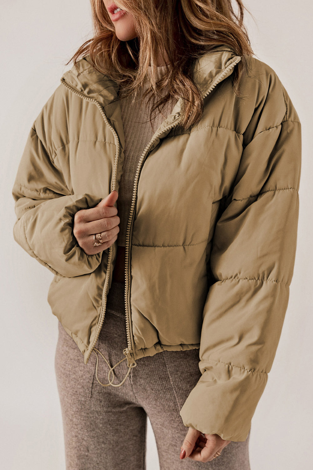 Zip Up Collared Neck Long Sleeve Winter Coat - felvior