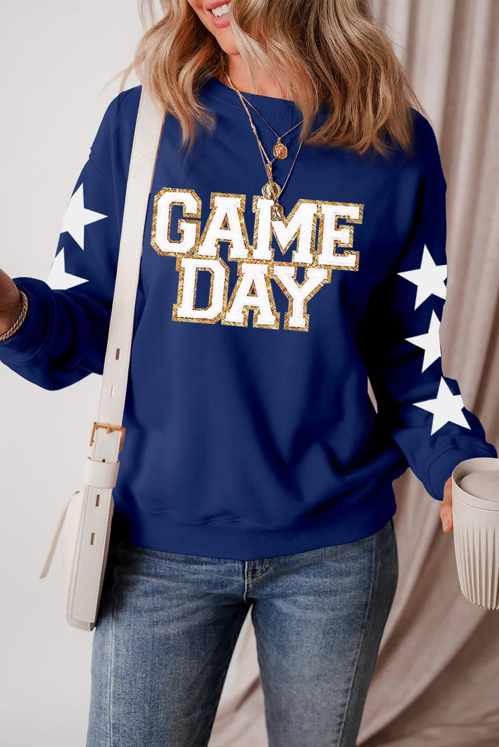 GAME DAY Star Round Neck Long Sleeve Sweatshirt - felvior