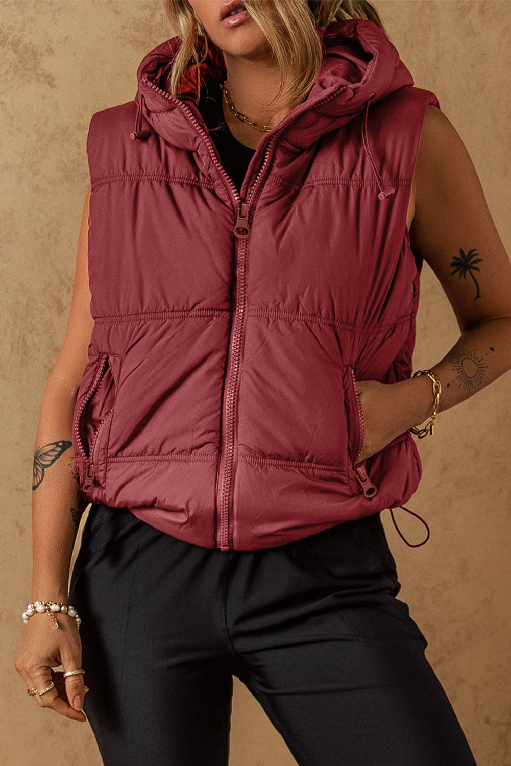 Drawstring Zip Up Hooded Vest Coat - felvior