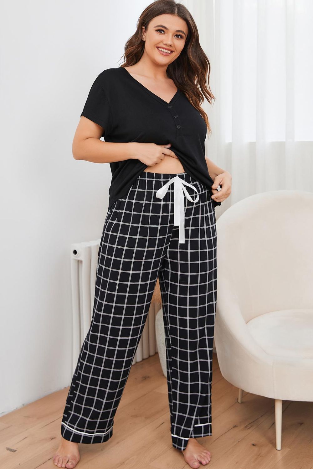Plus Size V-Neck Top and Plaid Pants Lounge Set - felvior