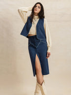 Open Front Vest and Buttoned Skirt Set