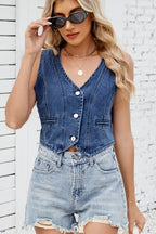 Button Down V-Neck Denim Vest