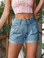 Pleated Detail High Rise Denim Shorts