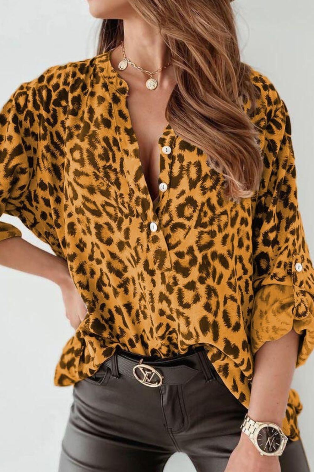 Leopard Button Detail Notched Long Sleeve Blouse - felvior