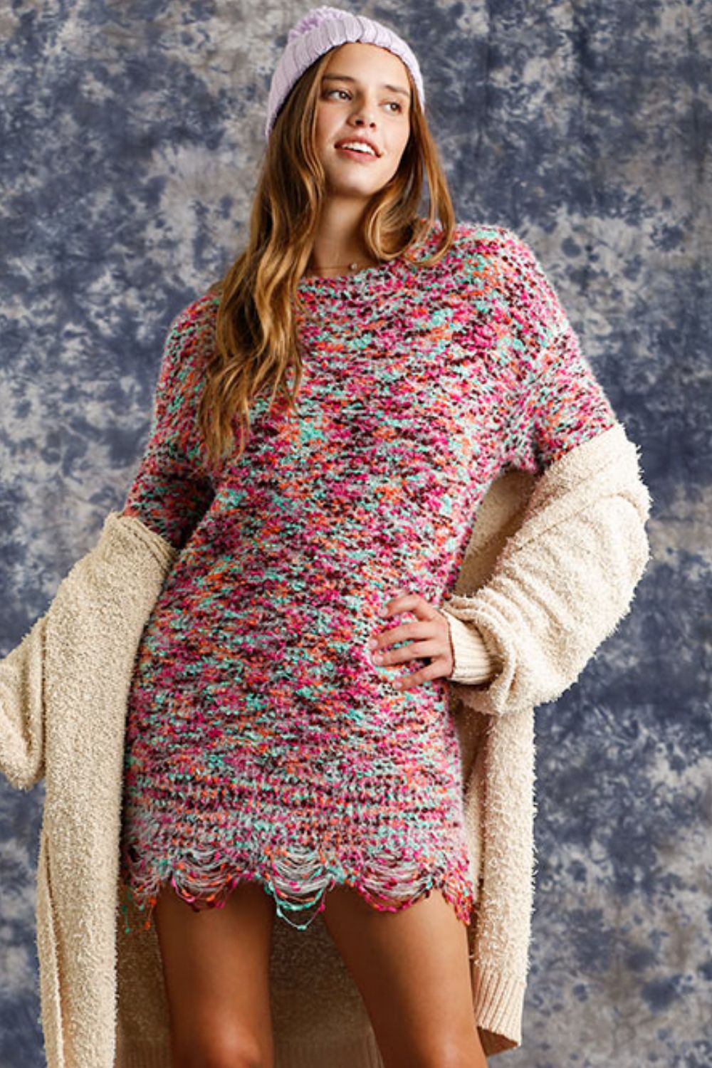 Umgee Full Size Distressed Hem Multicolored Round Neck Knit Tunic Dress Plus Size - felvior