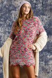 Umgee Full Size Distressed Hem Multicolored Round Neck Knit Tunic Dress Plus Size - felvior