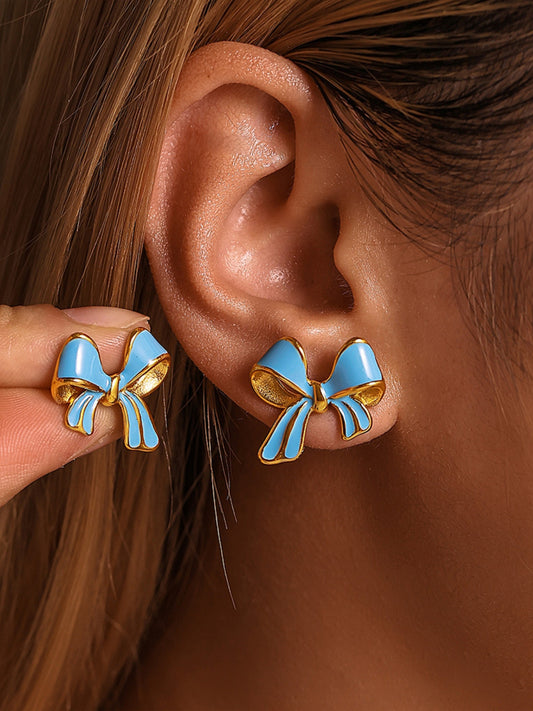 Stainless Steel Oil Drip Bow Stud Earrings - felvior