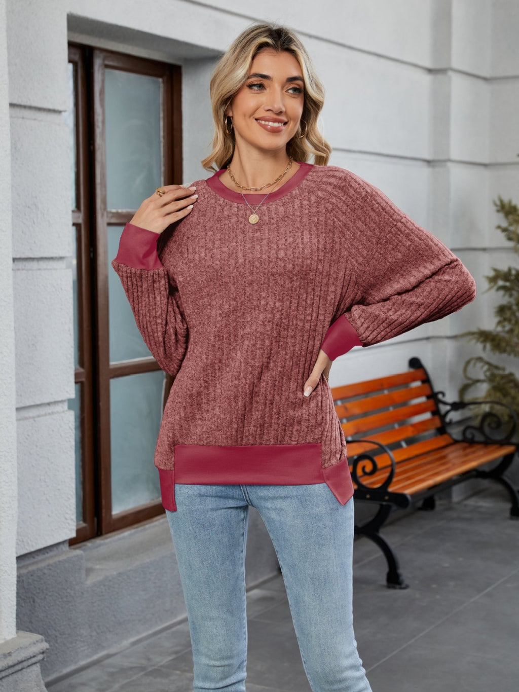Contrast Trim Round Neck Long Sleeve T-Shirt
