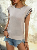 Perfee Contrast Trim Round Neck Cap Sleeve Knit Top - felvior