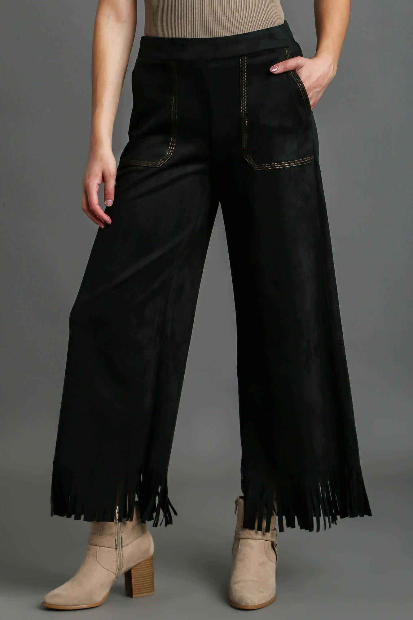 Umgee Full Size Suede Fringe Hem Wide Leg Pants Plus Size