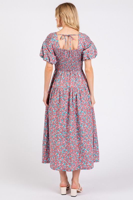 Mittoshop Smocked Floral Square Neck Puff Sleeve Midi Dress - felvior