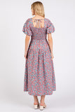 Mittoshop Smocked Floral Square Neck Puff Sleeve Midi Dress - felvior