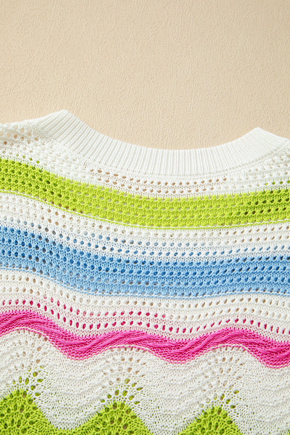 Color Block Crochet Ruffled Short Sleeve Knit Top - felvior