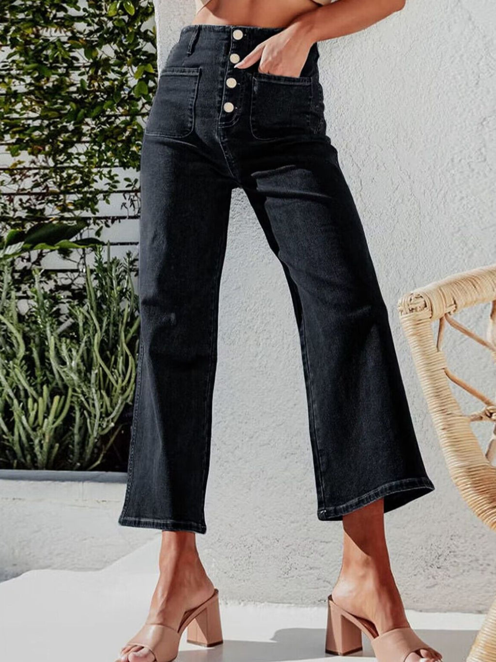 Button Fly Cropped Jeans with Pockets