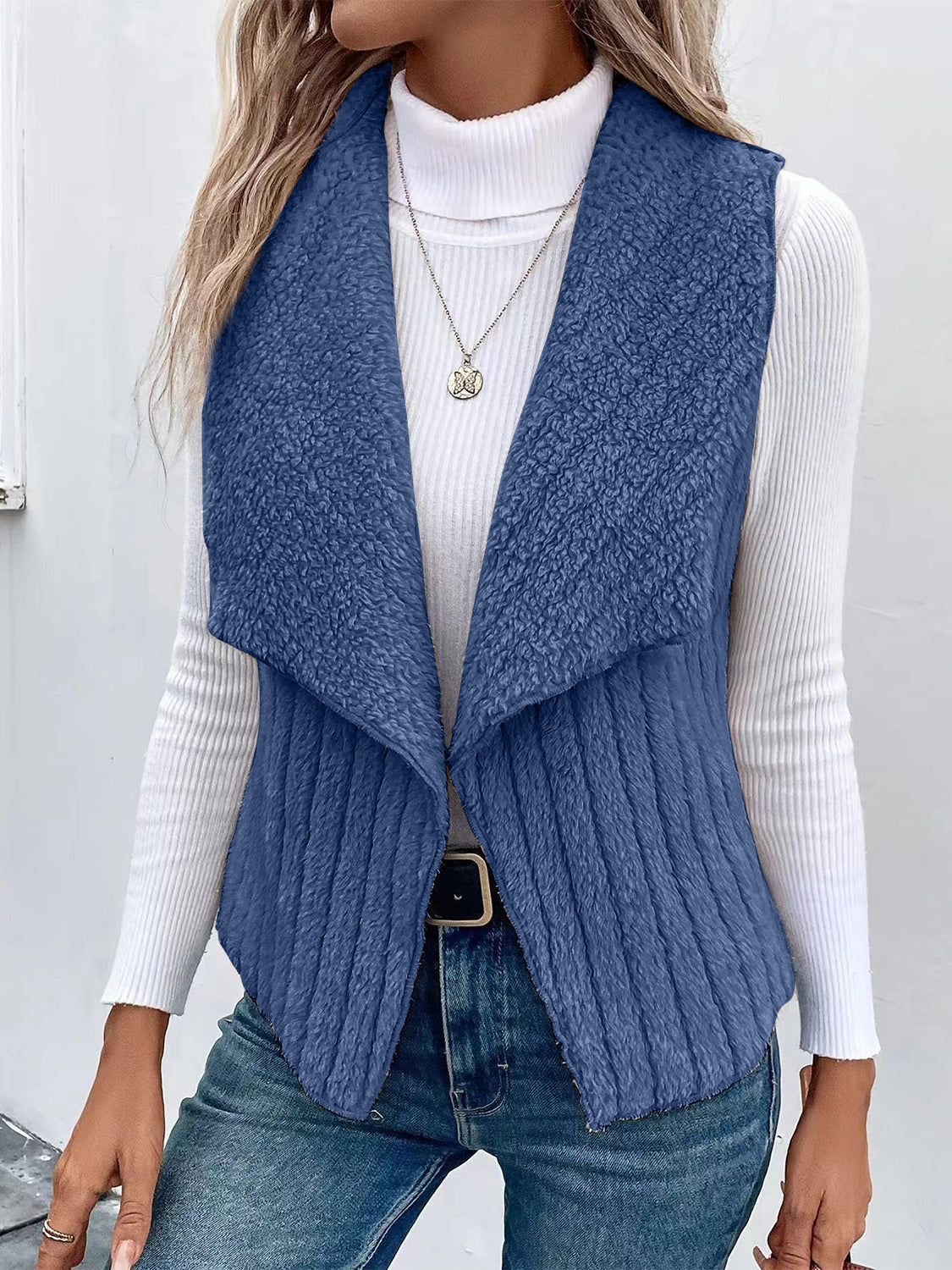 Open Front Fuzzy Vest Coat - felvior