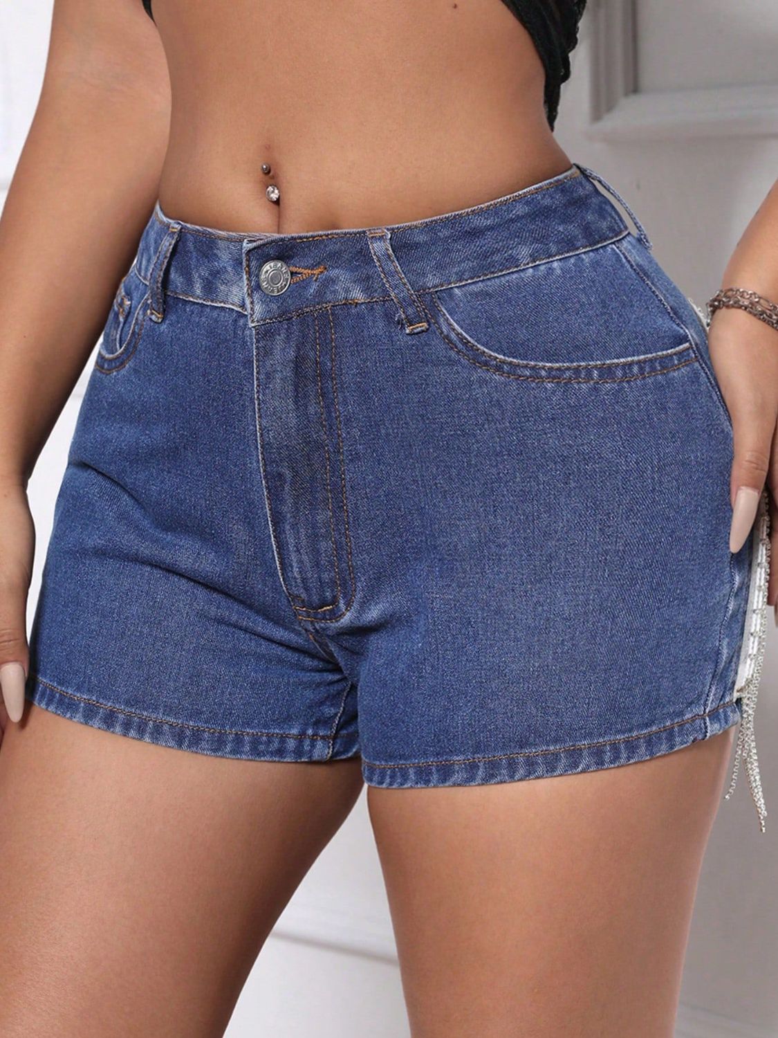 Fringe Back Denim Shorts with Pockets - felvior