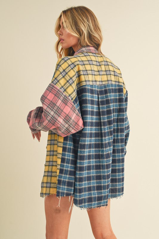 Aemi + Co Frayed Hem Color Block Plaid Drop Shoulder Shirt - felvior