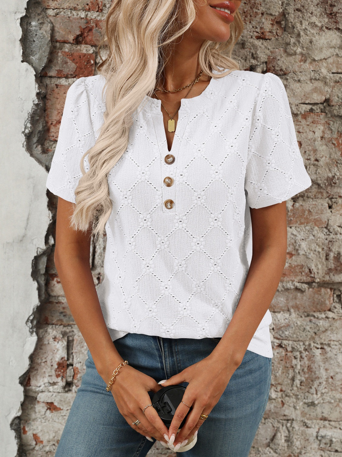 Eyelet Notched Short Sleeve Top
