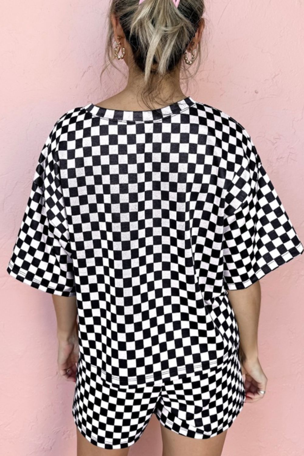 Checkered Round Neck Top and Shorts Set