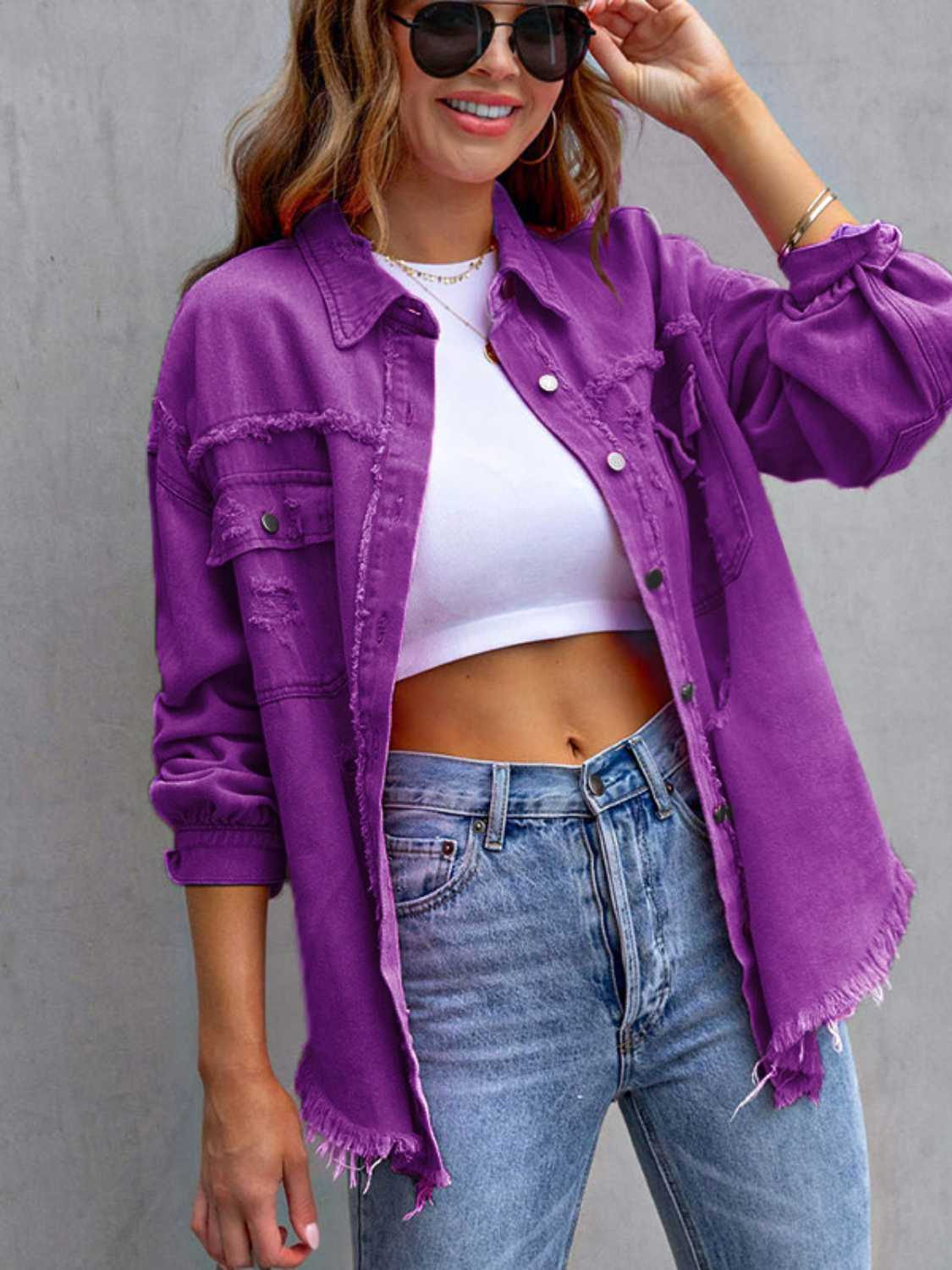 Distressed Drop Shoulder Denim Jacket - felvior