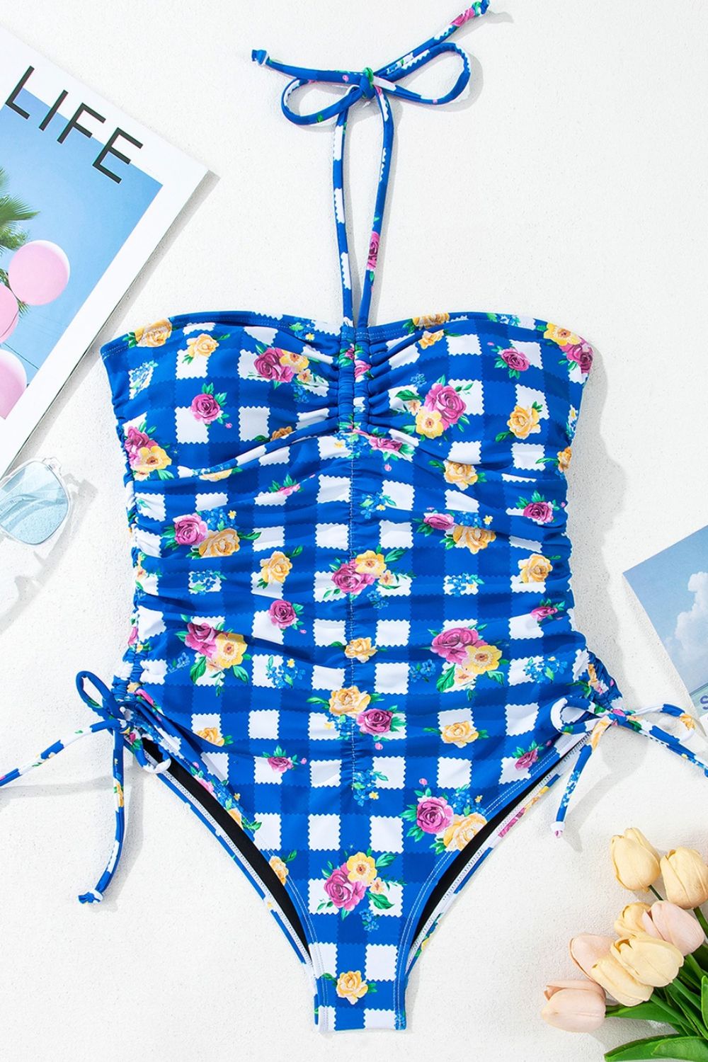 Floral Gingham Halter Neck Drawstring One Piece Swimwear - felvior