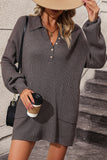 Collared Neck Long Sleeve Sweater Dress with Pockets - felvior