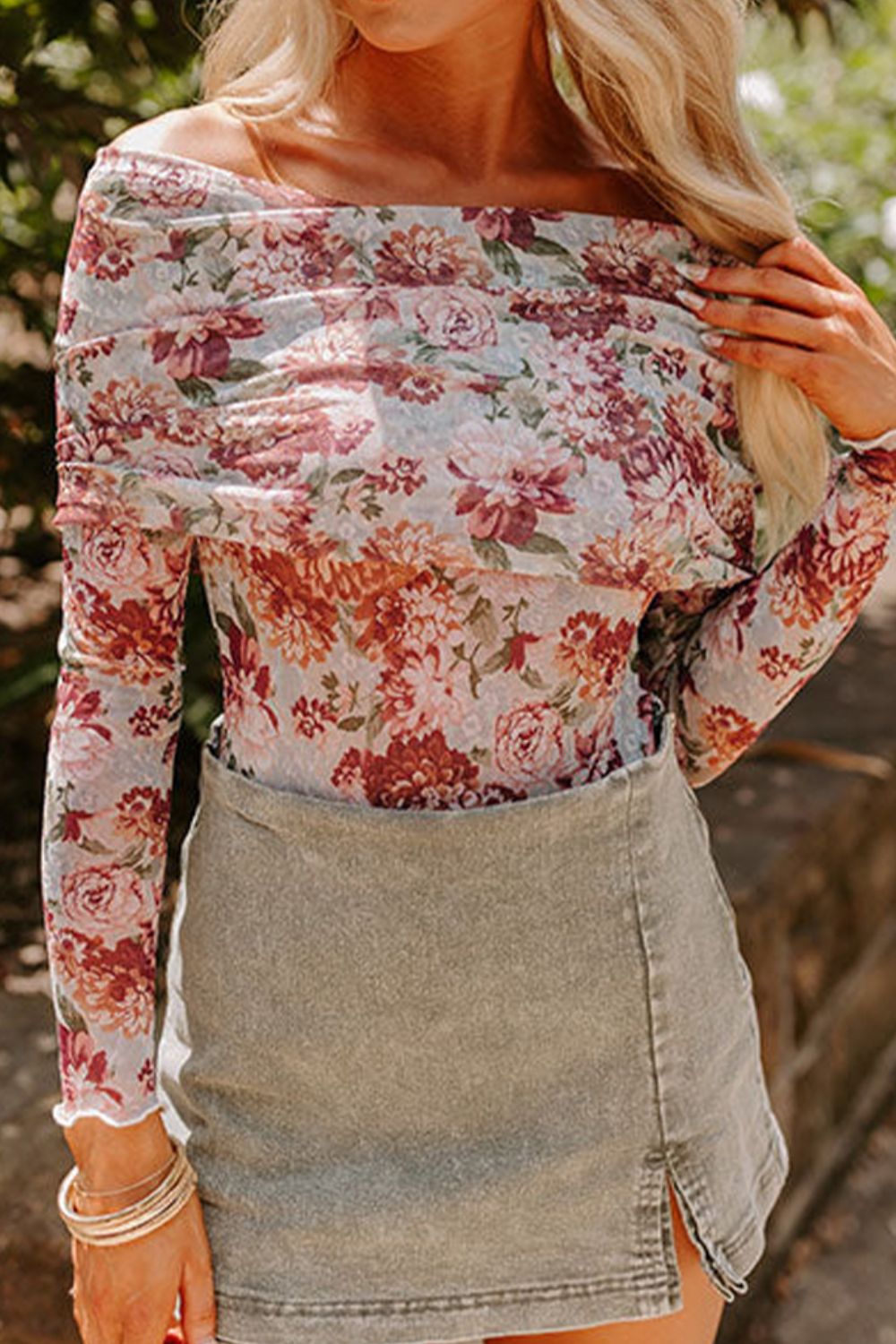 Floral Off-Shoulder Long Sleeve Bodysuit - felvior