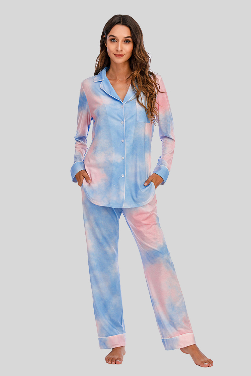 Collared Neck Long Sleeve Loungewear Set with Pockets - felvior