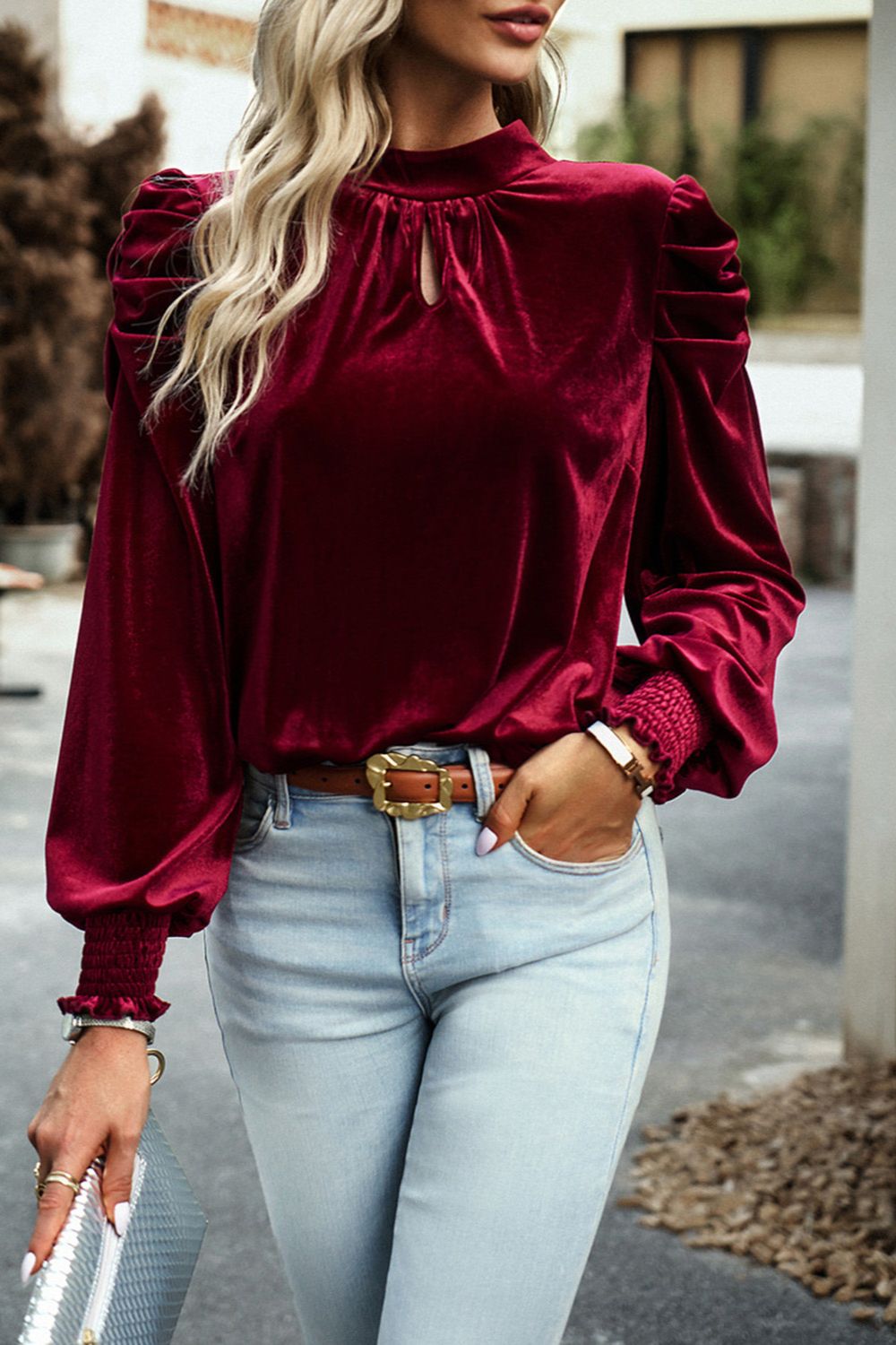 Tie Up Mock Neck Velvet Fabric Long Sleeve Blouse - felvior
