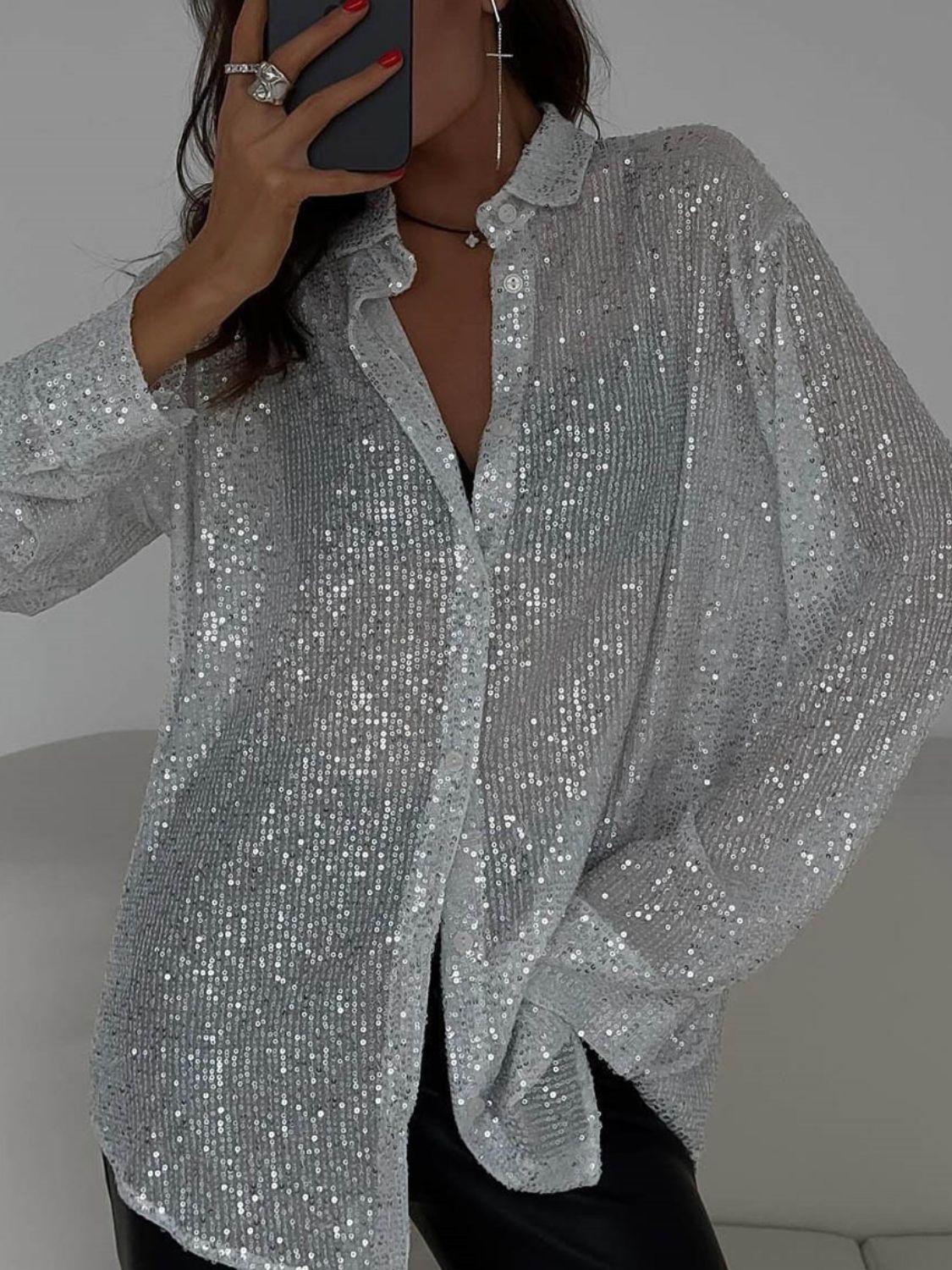 Sequin Button Up Long Sleeve Shirt - felvior