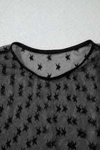 Star Round Neck Long Sleeve Sheer Blouse