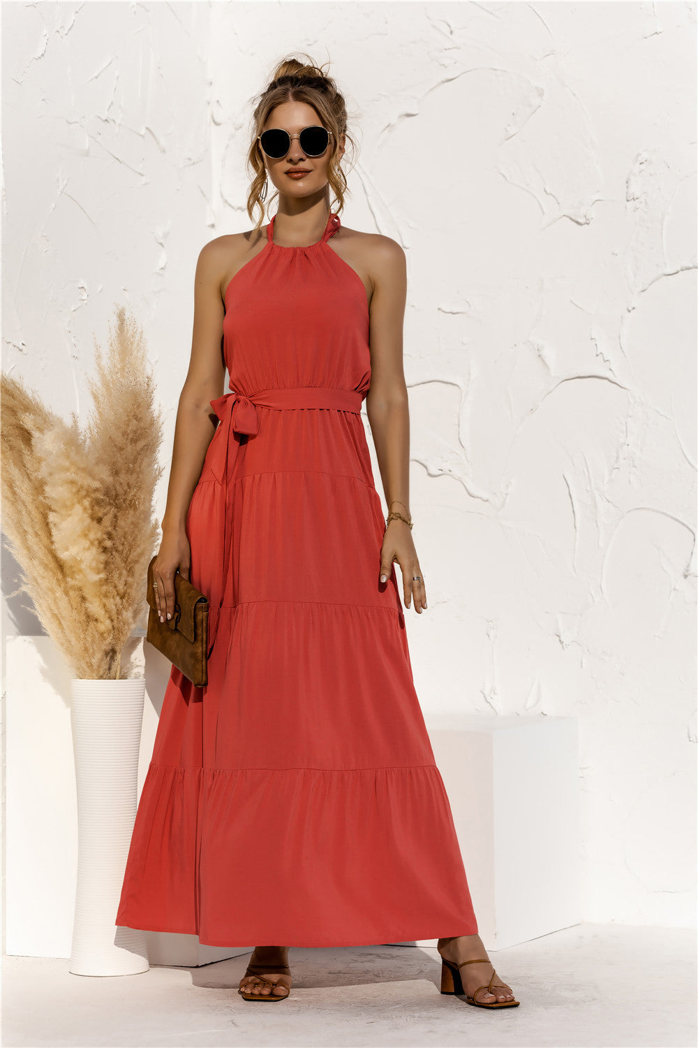 Halter Neck Tie Waist Tiered Maxi Dress - felvior