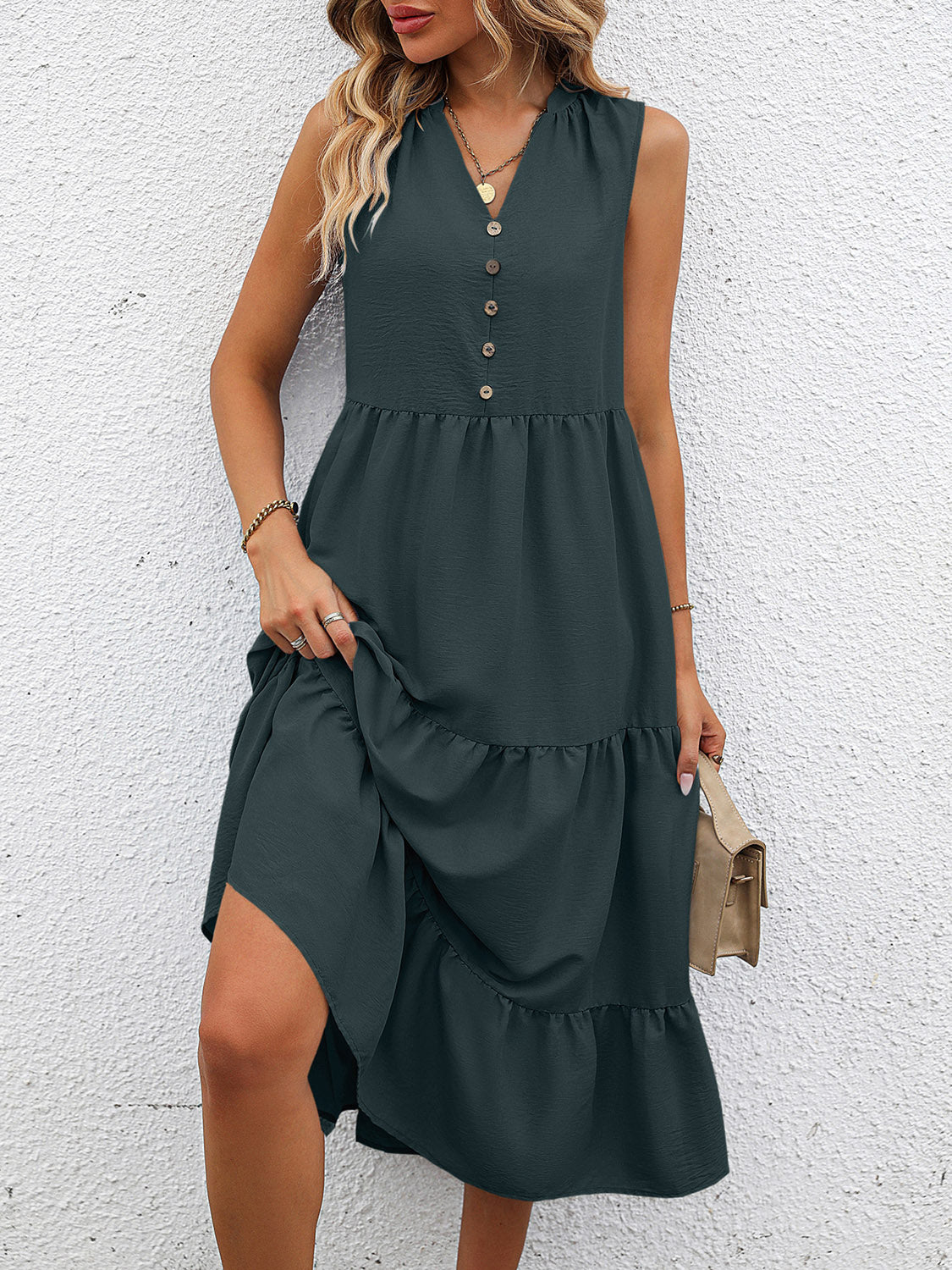 V-Neck Sleeveless Tiered Dress - felvior