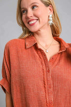 Umgee Full Size Cotton Gauze Mineral Wash Button Down Shirt Plus Size