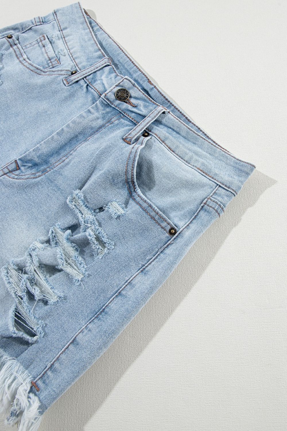 Distressed Raw Hem High Waist Denim Shorts - felvior
