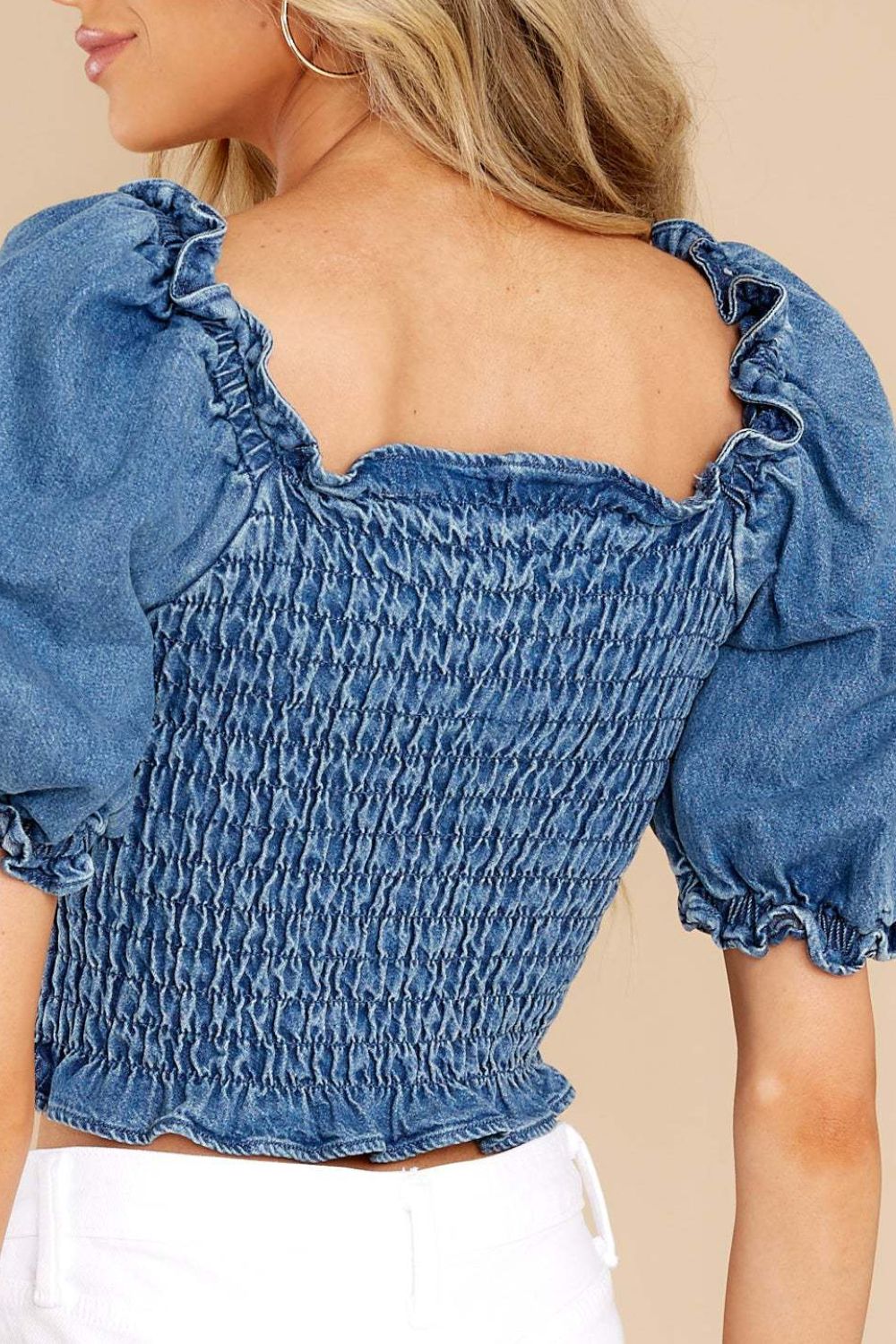 Puff Sleeve Smocked Cropped Denim Top - felvior