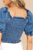 Puff Sleeve Smocked Cropped Denim Top - felvior