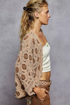 POL Openwork V-Neck Chenille Cardigan with Contrast Floral