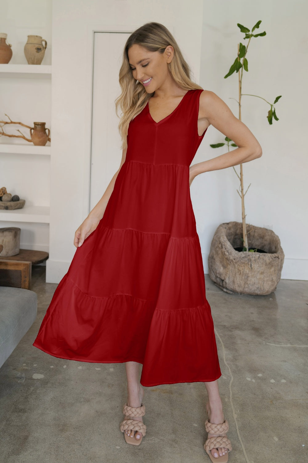 FAM-FAM Tiered V-Neck Sleeveless Dress - felvior