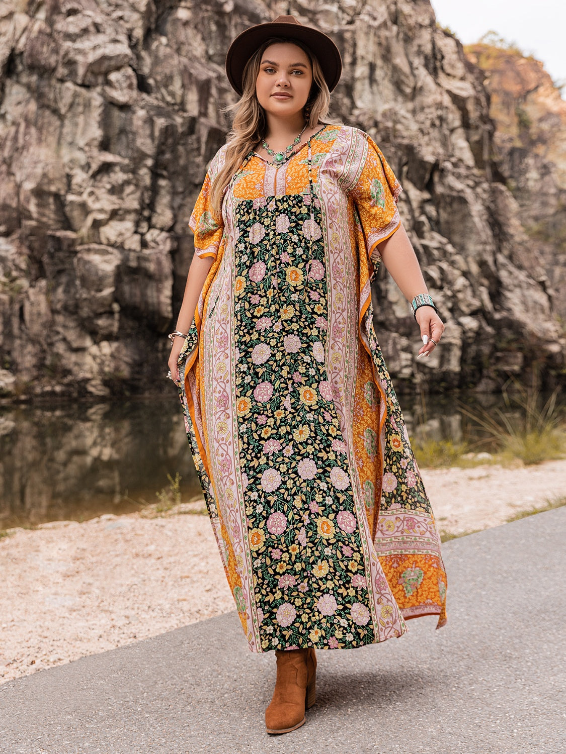 Plus Size Tie Neck Maxi Dress - felvior