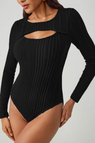 Ribbed Cutout Round Neck Bodysuit - felvior