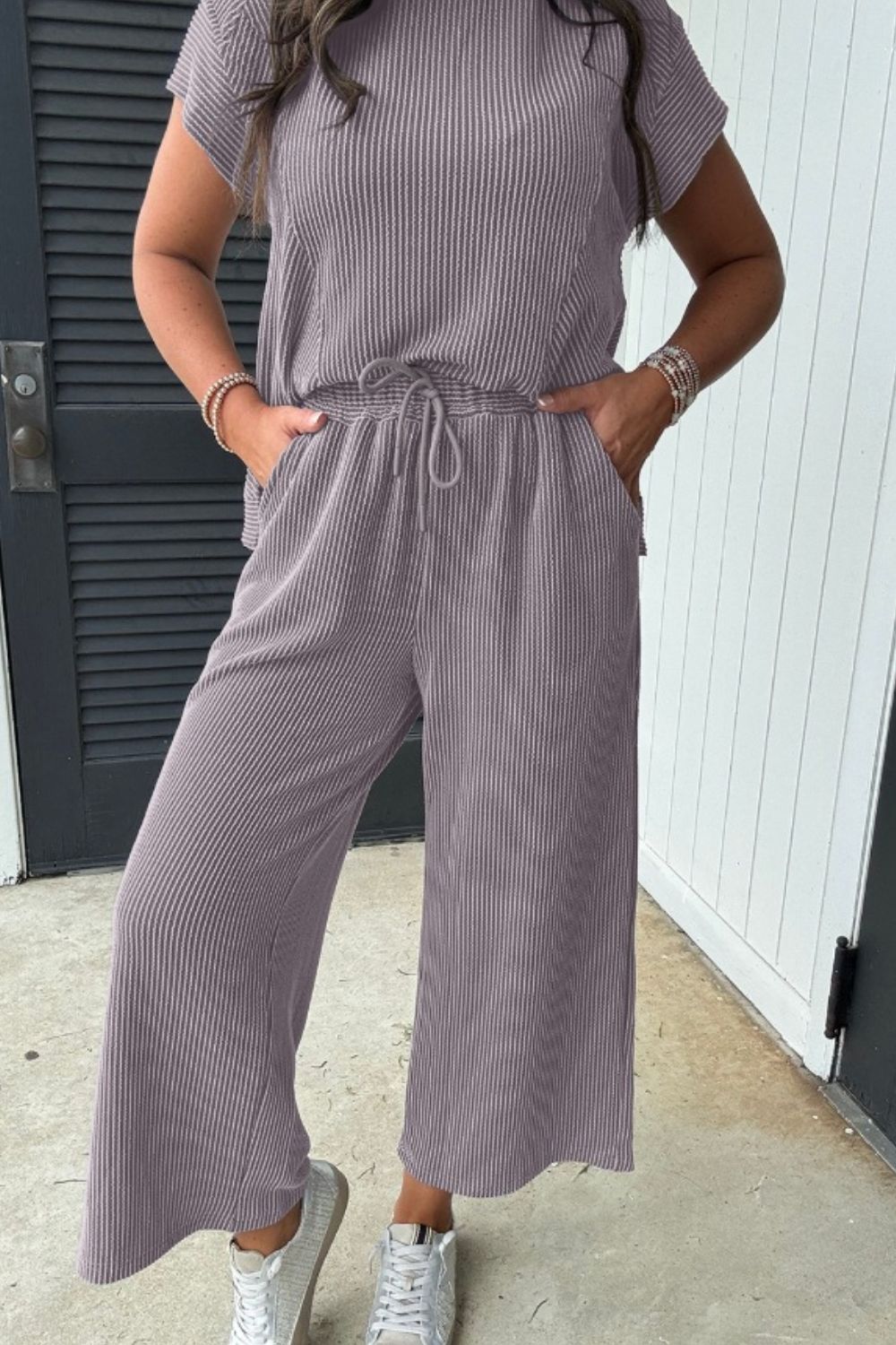 Corded Knit Short Sleeve T-Shirt and Wide Leg Pants Set