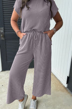 Corded Knit Short Sleeve T-Shirt and Wide Leg Pants Set
