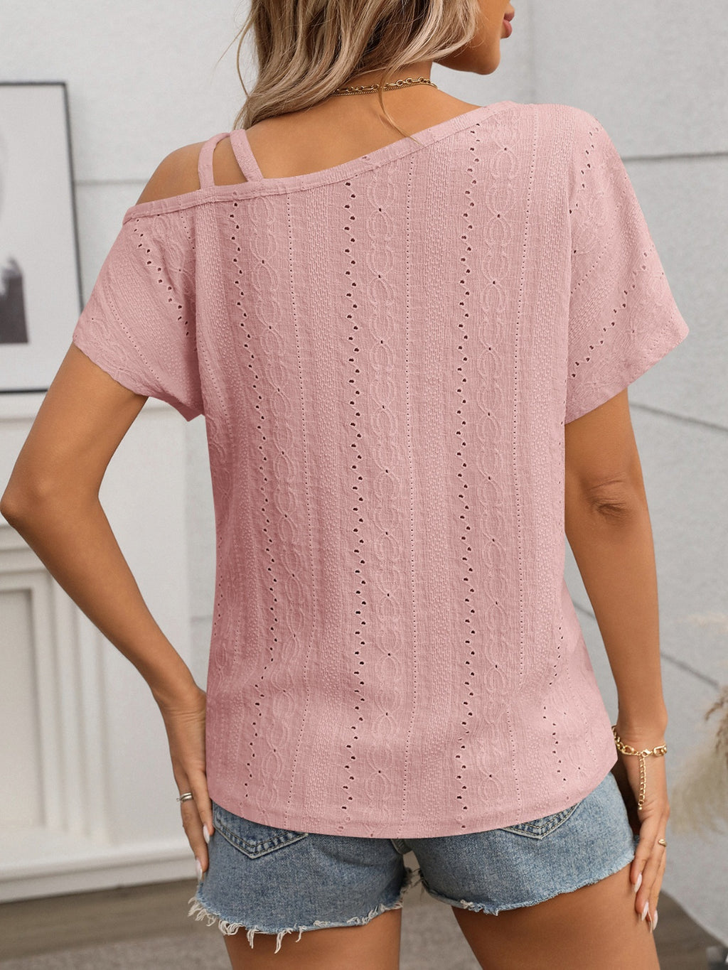 Eyelet Asymmetrical Shoulder Short Sleeve T-Shirt