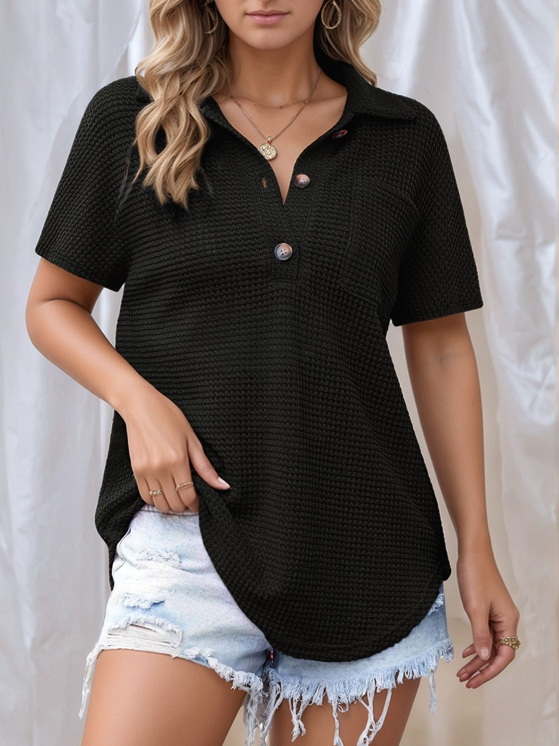 Waffle-Knit Short Sleeve Polo Shirt - felvior