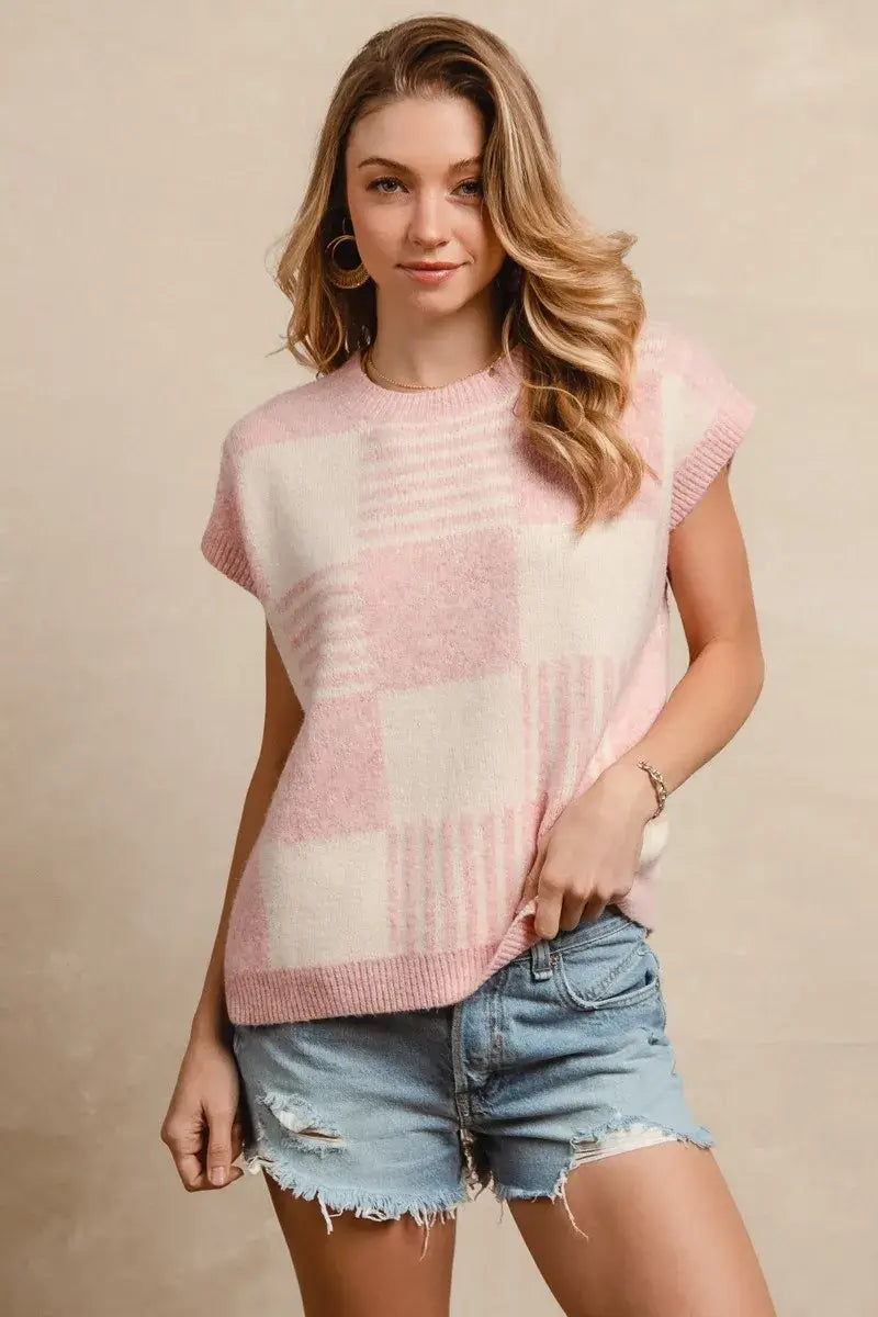 BiBi Checker With Stripes Pattern Sleeveless Sweater